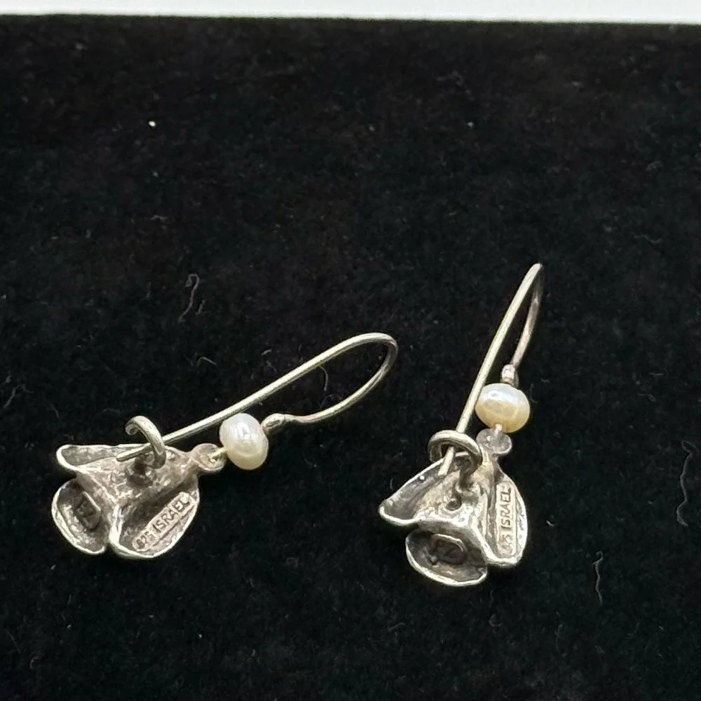 Vintage Paz Sterling 925 White Pearl Rose Drop Earrings Made in Israel